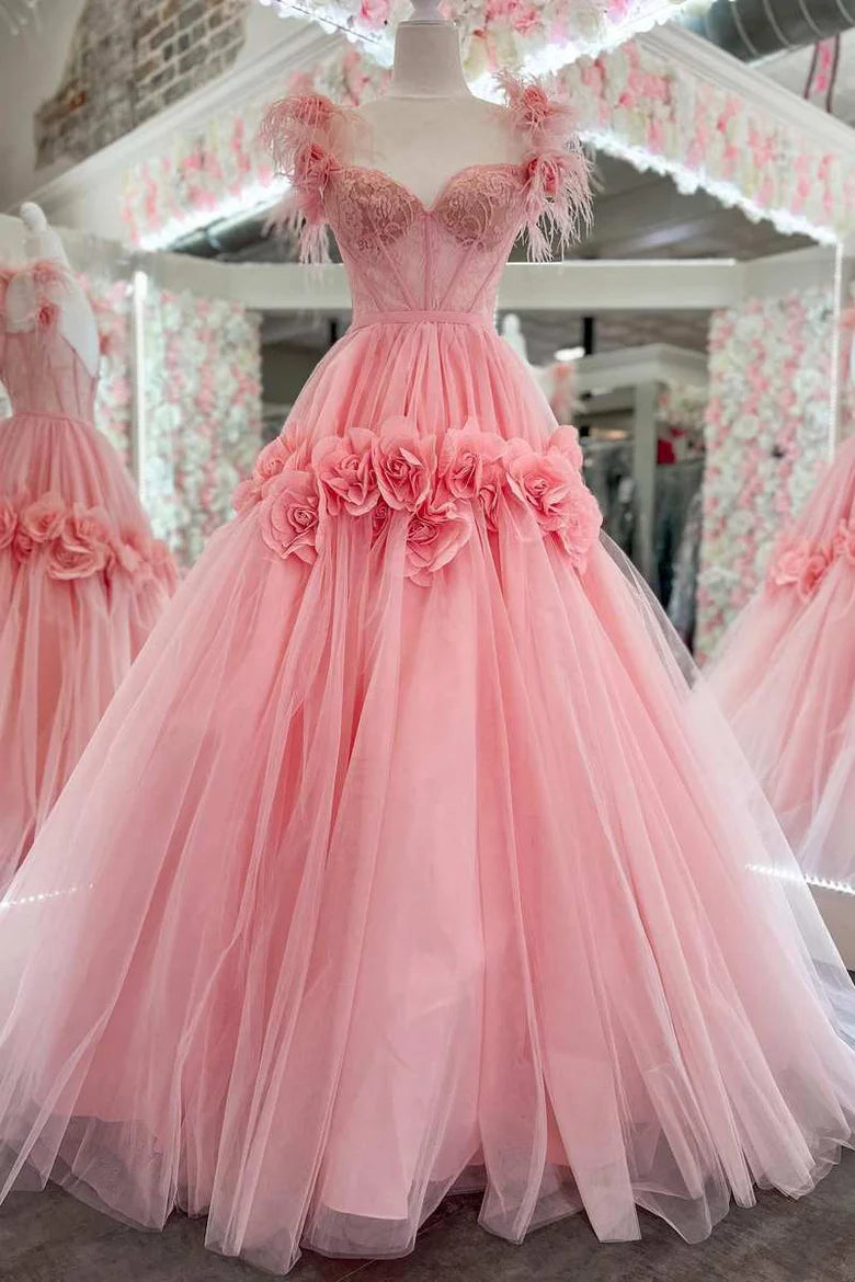Vestido de fiesta de encaje con plumas, hombros descubiertos y encaje floral 3D